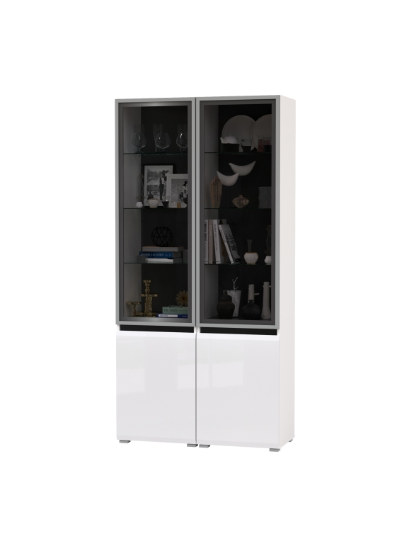Сидней 13.201 Шкаф-витрина 2 штуки, цвет корпус: белый/чёрный/фасады: МДФ белый глянец/прозр. стекло с серой тонир., ШхГхВ 100х41,3х205,2 см., ун. сб.