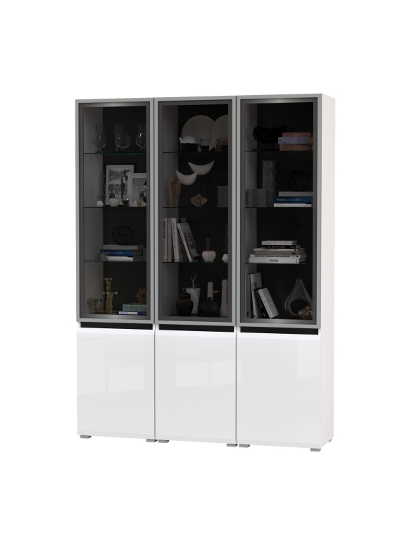 Сидней 13.201 Шкаф-витрина 3 штуки, цвет корпус: белый/чёрный/фасады: МДФ белый глянец/прозр. стекло с серой тонир., ШхГхВ 150х41,3х205,2 см., ун. сб.