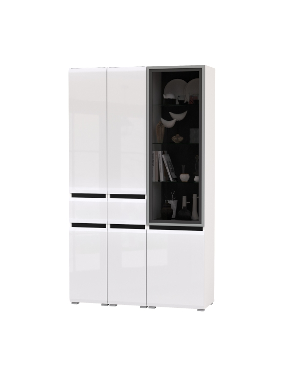 Сидней 13.202 Шкаф с ящиком 2 штуки + Шкаф-витрина 13.201, цвет корпус: белый/чёрный/фасады: МДФ белый глянец/стекло, ШхГхВ 120х41,3х205,2 см., ун. сб