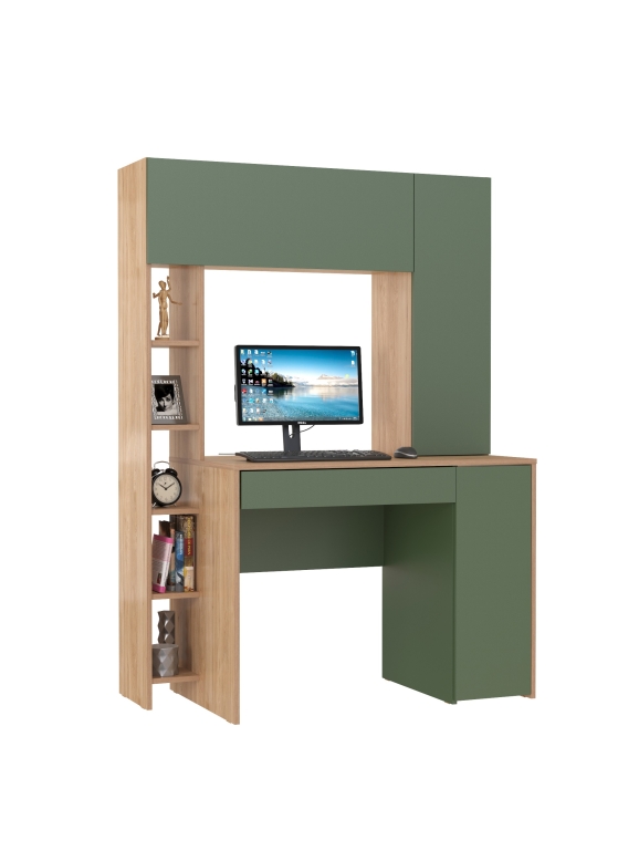 КР100 Стол компьютерный Комфорт 12.71, цвет гикори рокфорд натуральный/дымчатый зелёный, ШхГхВ 116,7х60,2х165,4 см., НЕ универсальная сборка