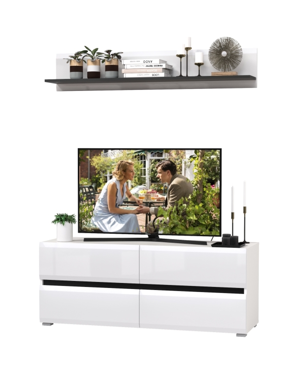 Сидней Комплектация № 043, цвет корпус белый/чёрный/фасады МДФ белый глянец, ШхГхВ 130х41,3х185 см., ниша для ТВ 129х41х100 см., универс. сборка