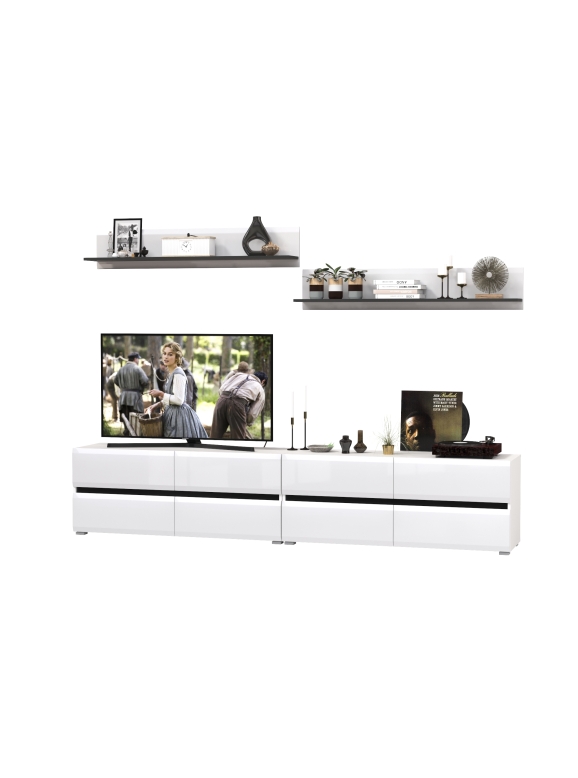 Сидней Комплектация № 044, цвет корпус белый/чёрный/фасады МДФ белый глянец, ШхГхВ 260х41,3х200 см., ниша для ТВ 130х41х100 см., универс. сборка