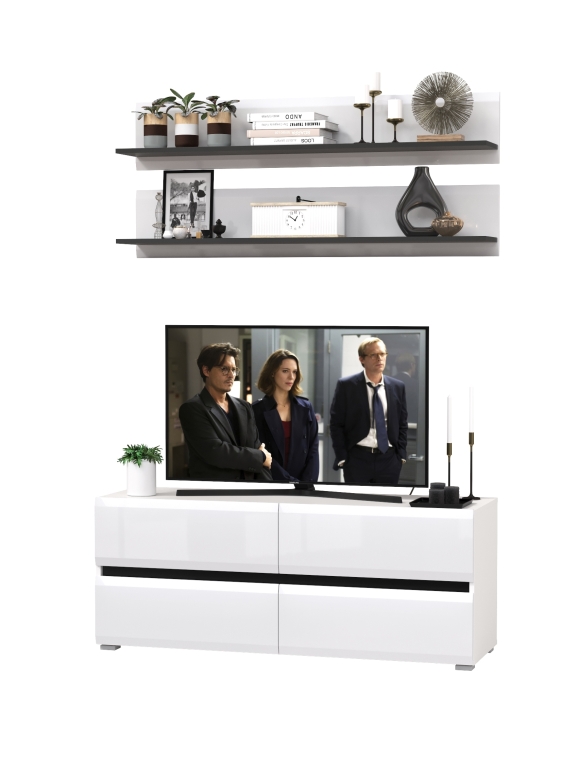 Сидней Комплектация № 045, цвет корпус белый/чёрный/фасады МДФ белый глянец, ШхГхВ 130х41,3х210 см., ниша для ТВ 129х41х95 см., универсальная сборка