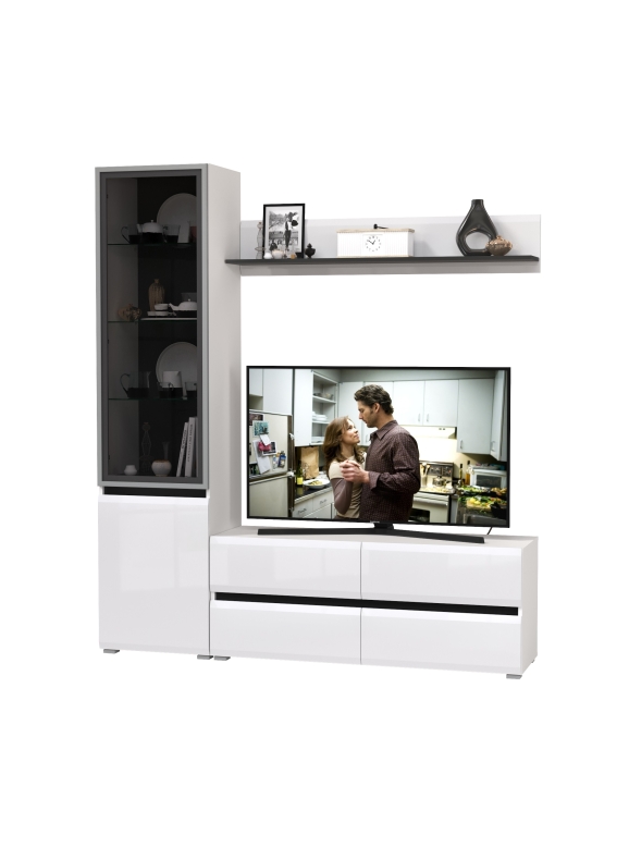 Сидней Комплектация № 048, цвет корпус белый/чёрный/фасады МДФ белый глянец, ШхГхВ 179,9х41,3х205,2 см., ниша для ТВ 129х41х98 см., универс. сборка