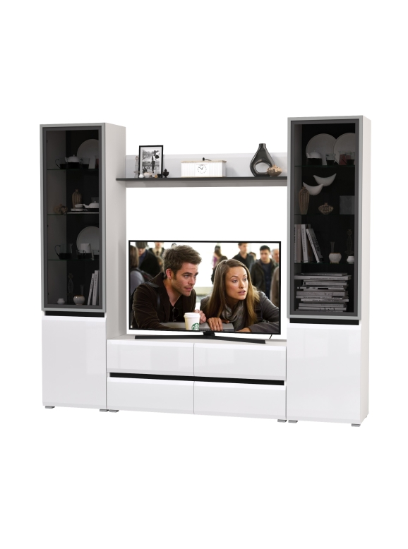 Сидней Комплектация № 049, цвет корпус белый/чёрный/фасады МДФ белый глянец, ШхГхВ 229,9х41,3х205,2 см., ниша для ТВ 129х41х98 см., универс. сборка