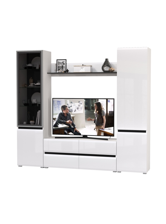 Сидней Комплектация № 050, цвет корпус белый/чёрный/фасады МДФ белый глянец, ШхГхВ 229,9х41,3х205,2 см., ниша для ТВ 129х41х98 см., универс. сборка