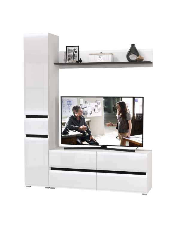 Сидней Комплектация № 051, цвет корпус: белый/чёрный/фасады: МДФ белый глянец, ШхГхВ 164,9х41,3х205,2 см., ниша для ТВ 129х41х98 см., универс. сборка