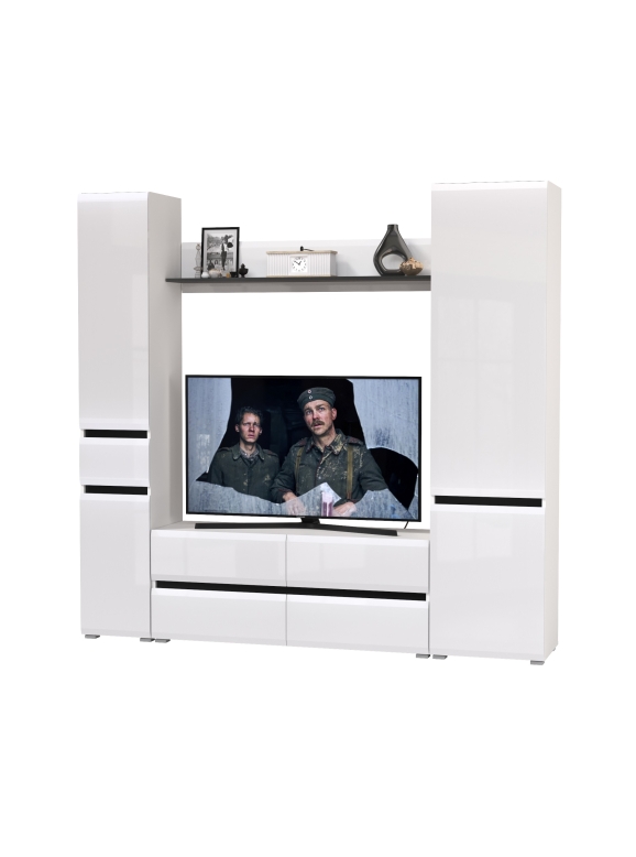 Сидней Комплектация № 053, цвет корпус: белый/чёрный/фасады: МДФ белый глянец, ШхГхВ 214,9х41,3х205,2 см., ниша для ТВ 129х41х98 см., универс. сборка