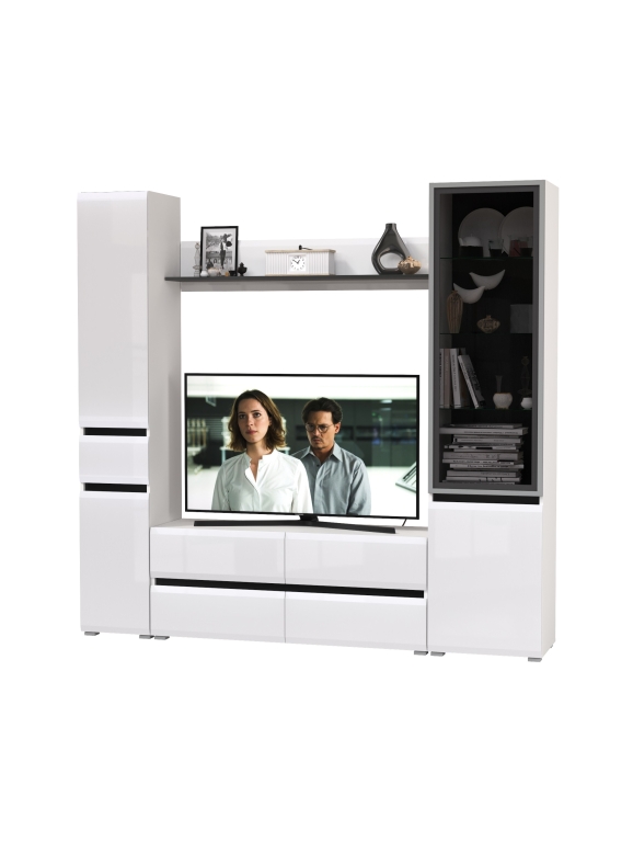 Сидней Комплектация № 054, цвет корпус: белый/чёрный/фасады: МДФ белый глянец, ШхГхВ 214,9х41,3х205,2 см., ниша для ТВ 129х41х98 см., универс. сборка