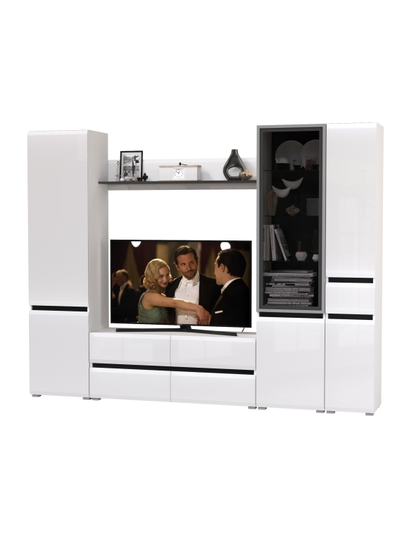 Сидней Комплектация № 055, цвет корпус: белый/чёрный/фасады: МДФ белый глянец, ШхГхВ 264,9х41,3х205,2 см., ниша для ТВ 129х41х98 см., универс. сборка