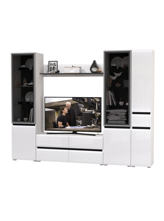 Сидней Комплектация № 056, цвет корпус: белый/чёрный/фасады: МДФ белый глянец, ШхГхВ 264,9х41,3х205,2 см., ниша для ТВ 129х41х98 см., универс. сборка