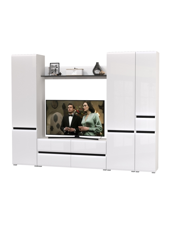 Сидней Комплектация № 057, цвет корпус: белый/чёрный/фасады: МДФ белый глянец, ШхГхВ 264,9х41,3х205,2 см., ниша для ТВ 129х41х98 см., универс. сборка