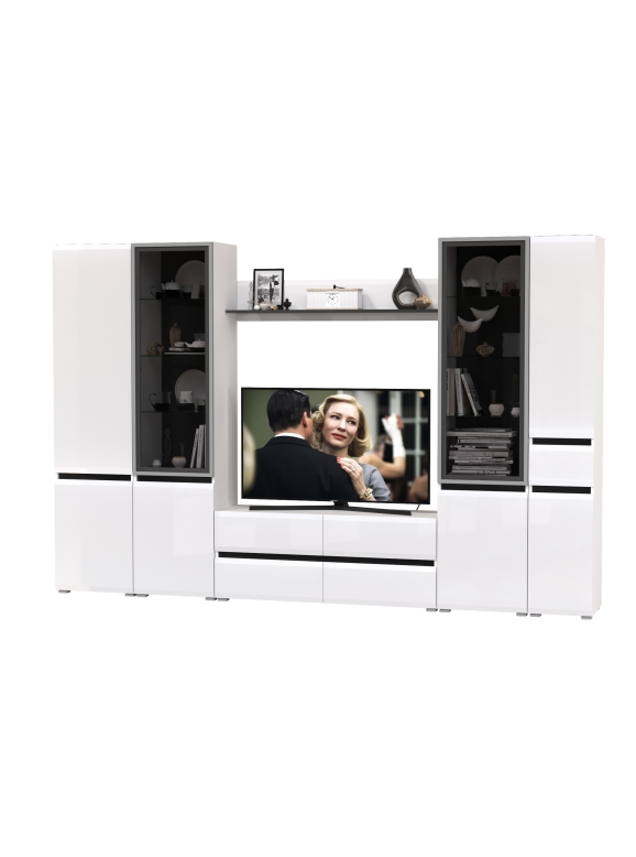 Сидней Комплектация № 058, цвет корпус: белый/чёрный/фасады: МДФ белый глянец, ШхГхВ 314,9х41,3х205,2 см., ниша для ТВ 129х41х98 см., универс. сборка