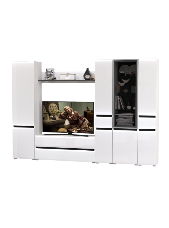 Сидней Комплектация № 059, цвет корпус: белый/чёрный/фасады: МДФ белый глянец, ШхГхВ 299,9х41,3х205,2 см., ниша для ТВ 129х41х98 см., универс. сборка