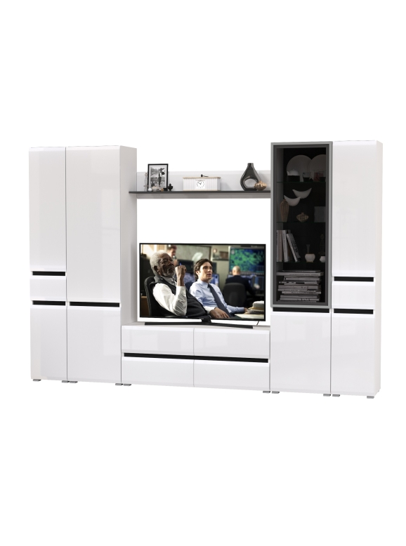 Сидней Комплектация № 060, цвет корпус: белый/чёрный/фасады: МДФ белый глянец, ШхГхВ 299,9х41,3х205,2 см., ниша для ТВ 129х41х98 см., универс. сборка