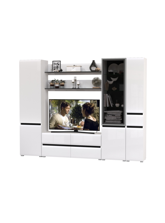 Сидней Комплектация № 061, цвет корпус: белый/чёрный/фасады: МДФ белый глянец, ШхГхВ 264,9х41,3х205,2 см., ниша для ТВ 129х41х90 см., универс. сборка