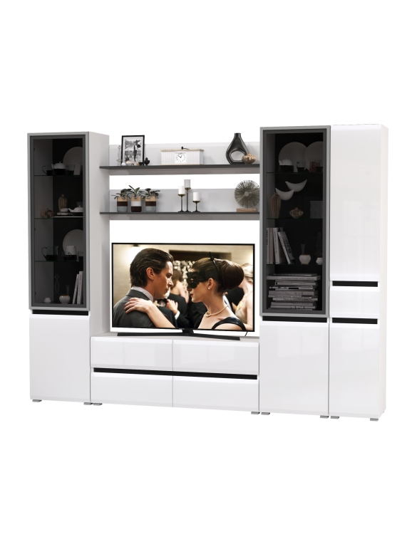 Сидней Комплектация № 062, цвет корпус: белый/чёрный/фасады: МДФ белый глянец, ШхГхВ 264,9х41,3х205,2 см., ниша для ТВ 129х41х90 см., универс. сборка