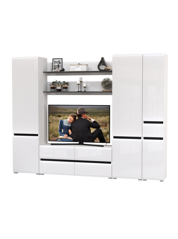 Сидней Комплектация № 063, цвет корпус: белый/чёрный/фасады: МДФ белый глянец, ШхГхВ 264,9х41,3х205,2 см., ниша для ТВ 129х41х90 см., универс. сборка