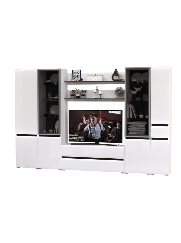 Сидней Комплектация № 064, цвет корпус: белый/чёрный/фасады: МДФ белый глянец, ШхГхВ 314,9х41,3х205,2 см., ниша для ТВ 129х41х90 см., универс. сборка