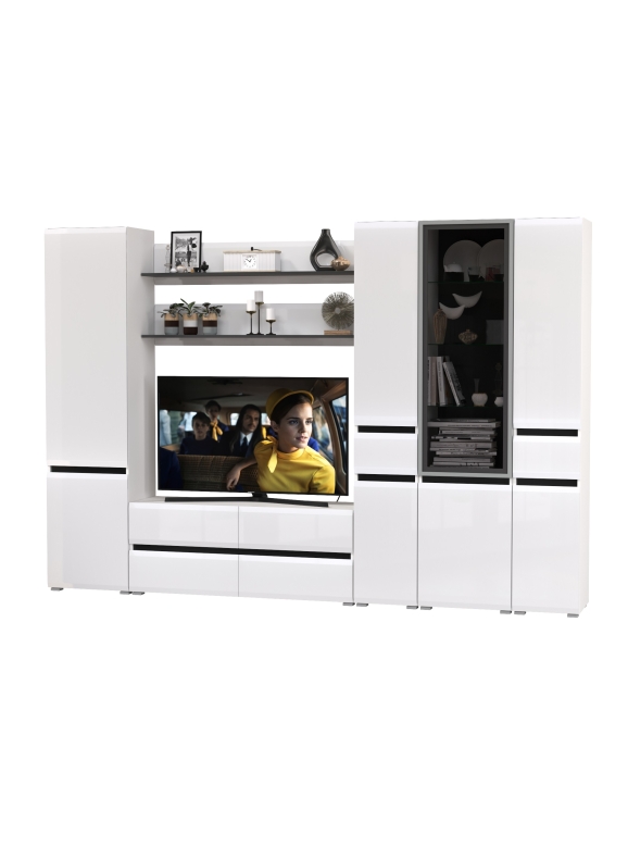 Сидней Комплектация № 065, цвет корпус: белый/чёрный/фасады: МДФ белый глянец, ШхГхВ 299,9х41,3х205,2 см., ниша для ТВ 129х41х90 см., универс. сборка