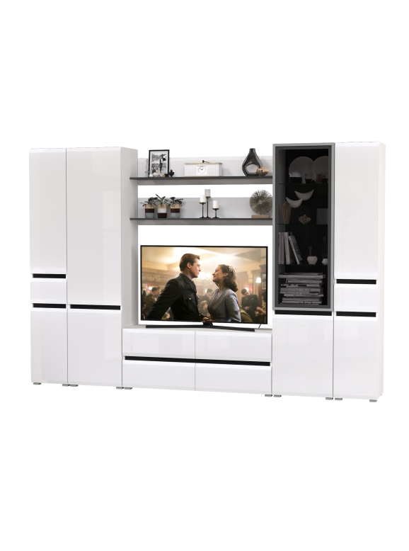 Сидней Комплектация № 066, цвет корпус: белый/чёрный/фасады: МДФ белый глянец, ШхГхВ 299,9х41,3х205,2 см., ниша для ТВ 129х41х90 см., универс. сборка