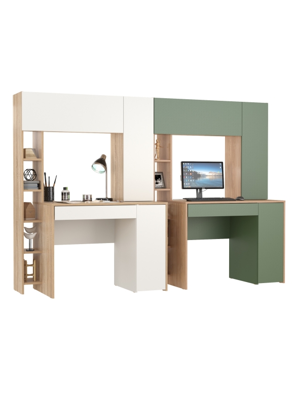 КР100 Два стола комп. Комфорт 12.71, цвет дуб сонома/белый/гикори рокфорд натуральный/дымчатый зел.,ШхГхВ 233,4х60,2х165,4 см., НЕ ун. сб.