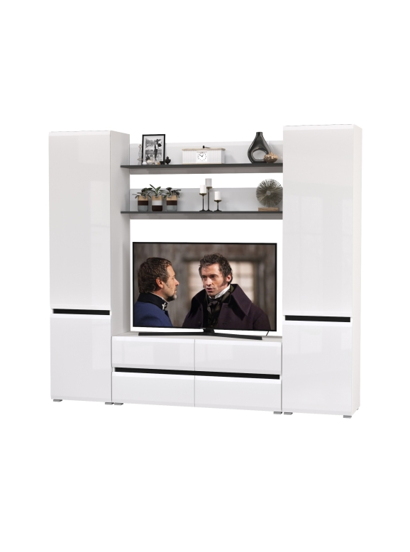 Сидней Комплектация № 067, цвет корпус: белый/чёрный/фасады: МДФ белый глянец, ШхГхВ 229,9х41,3х205,2 см., ниша для ТВ 129х41х90 см., универс. сборка