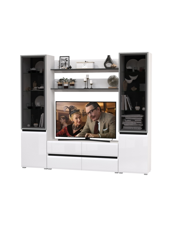 Сидней Комплектация № 068, цвет корпус: белый/чёрный/фасады: МДФ белый глянец, ШхГхВ 229,9х41,3х205,2 см., ниша для ТВ 129х41х90 см., универс. сборка