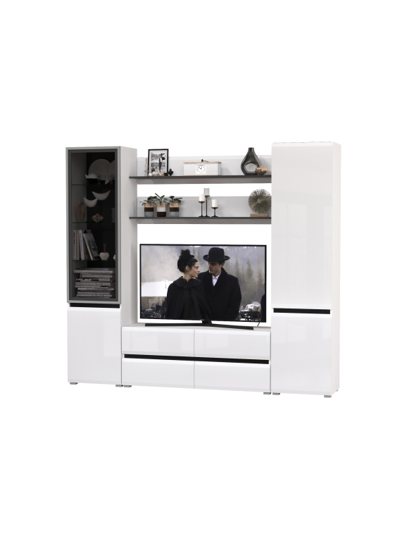 Сидней Комплектация № 069, цвет корпус: белый/чёрный/фасады: МДФ белый глянец, ШхГхВ 229,9х41,3х205,2 см., ниша для ТВ 129х41х90 см., универс. сборка