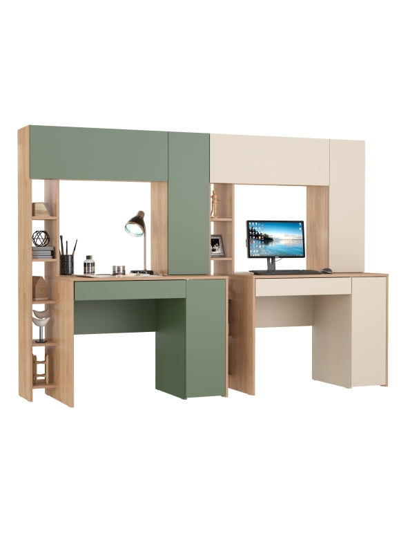 Два стола комп.Комфорт 12.71,цвет гикори рокфорд натуральный/дымчатый зелёный/гикори рокфорд натур./сатин, 233,4х60,2х165,4 см., НЕ ун. сб.