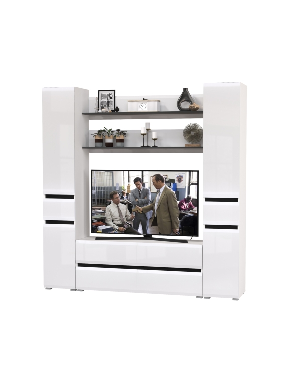 Сидней Комплектация № 070, цвет корпус: белый/чёрный/фасады: МДФ белый глянец, ШхГхВ 199,9х41,3х205,2 см., ниша для ТВ 129х41х90 см., универс. сборка