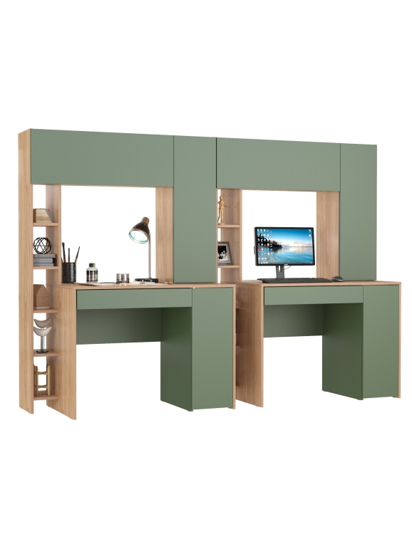 КР100 Стол комп. Комфорт 12.71+Стол компьютерный Комфорт 12.71,цвет гикори рокфорд натуральный/дымчатый зелёный, 233,4х60,2х165,4 см., НЕ ун. сб.