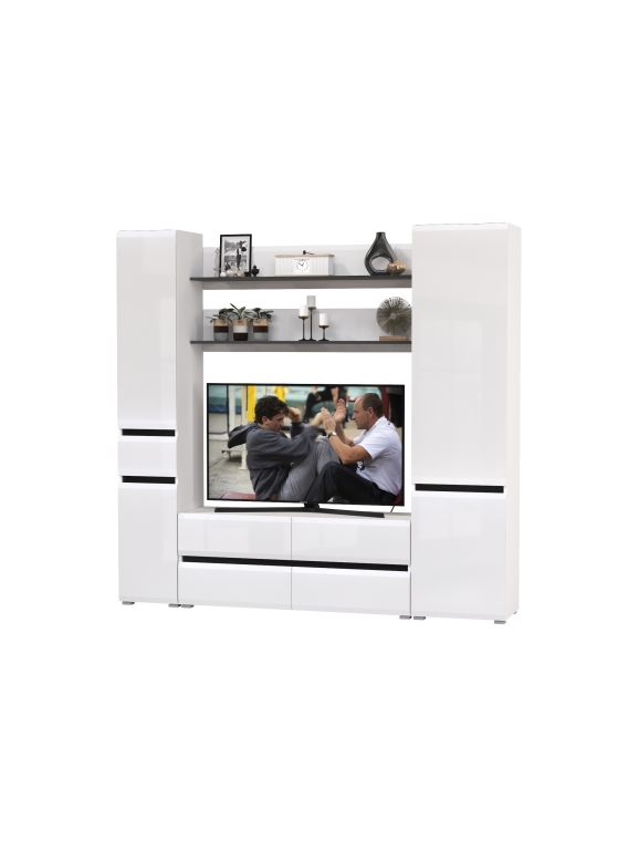 Сидней Комплектация № 071, цвет корпус: белый/чёрный/фасады: МДФ белый глянец, ШхГхВ 214,9х41,3х205,2 см., ниша для ТВ 129х41х90 см., универс. сборка