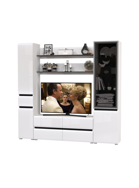 Сидней Комплектация № 072, цвет корпус: белый/чёрный/фасады: МДФ белый глянец, ШхГхВ 214,9х41,3х205,2 см., ниша для ТВ 129х41х90 см., универс. сборка