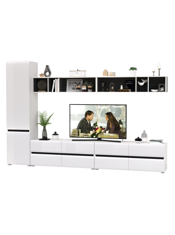 Сидней Комплектация № 073, цвет корпус: белый/чёрный/фасады: МДФ белый глянец, ШхГхВ 310х41,3х205,2 см., универсальная сборка