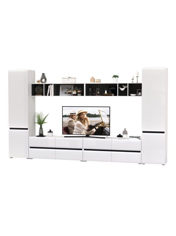 Сидней Комплектация № 074, цвет корпус: белый/чёрный/фасады: МДФ белый глянец, ШхГхВ 360х41,3х205,2 см., универсальная сборка