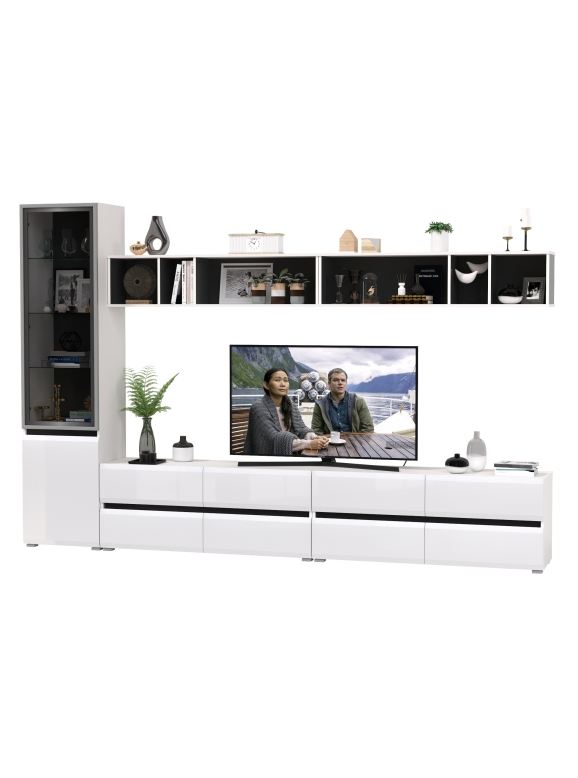 Сидней Комплектация № 075, цвет корпус: белый/чёрный/фасады: МДФ белый глянец, ШхГхВ 310х41,3х205,2 см., универсальная сборка