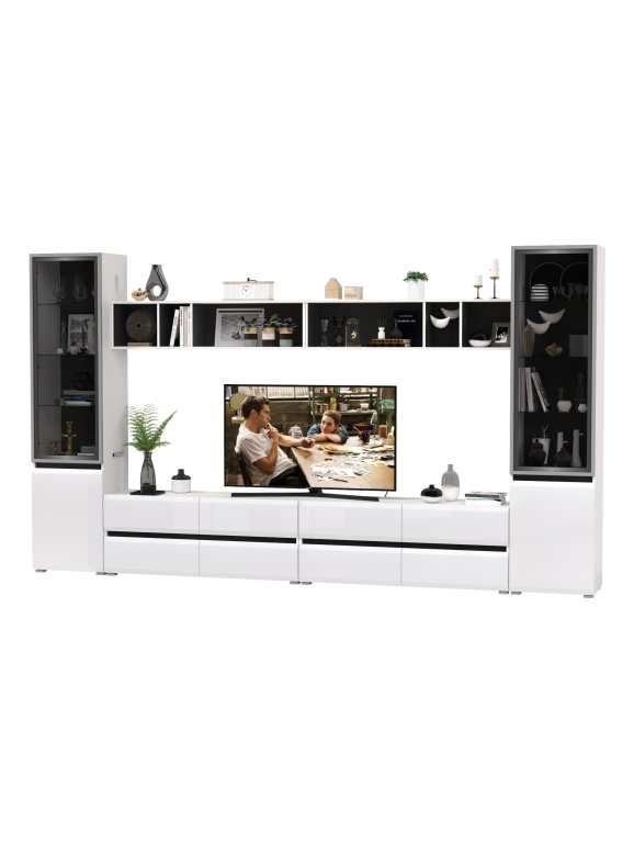 Сидней Комплектация № 076, цвет корпус: белый/чёрный/фасады: МДФ белый глянец, ШхГхВ 360х41,3х205,2 см., универсальная сборка