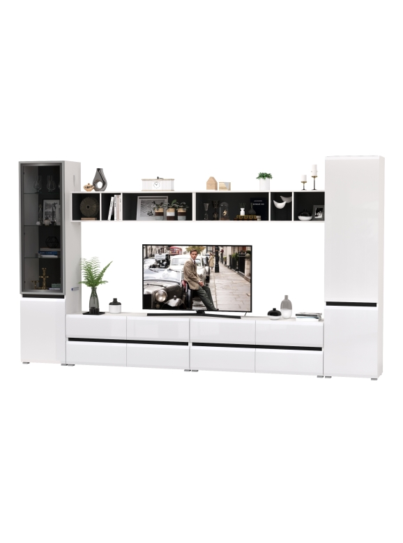 Сидней Комплектация № 077, цвет корпус: белый/чёрный/фасады: МДФ белый глянец, ШхГхВ 360х41,3х205,2 см., универсальная сборка