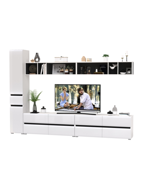 Сидней Комплектация № 078, цвет корпус: белый/чёрный/фасады: МДФ белый глянец, ШхГхВ 295х41,3х205,2 см., универсальная сборка