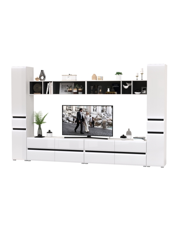 Сидней Комплектация № 079, цвет корпус: белый/чёрный/фасады: МДФ белый глянец, ШхГхВ 330х41,3х205,2 см., универсальная сборка