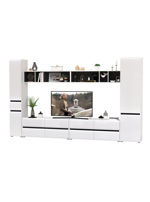 Сидней Комплектация № 080, цвет корпус: белый/чёрный/фасады: МДФ белый глянец, ШхГхВ 345х41,3х205,2 см., универсальная сборка