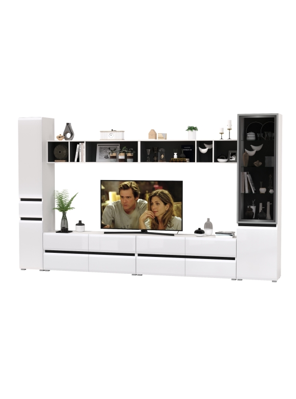 Сидней Комплектация № 081, цвет корпус: белый/чёрный/фасады: МДФ белый глянец, ШхГхВ 345х41,3х205,2 см., универсальная сборка