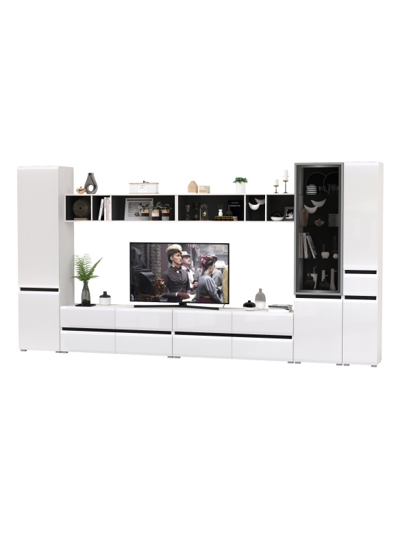 Сидней Комплектация № 082, цвет корпус: белый/чёрный/фасады: МДФ белый глянец, ШхГхВ 395х41,3х205,2 см., универсальная сборка