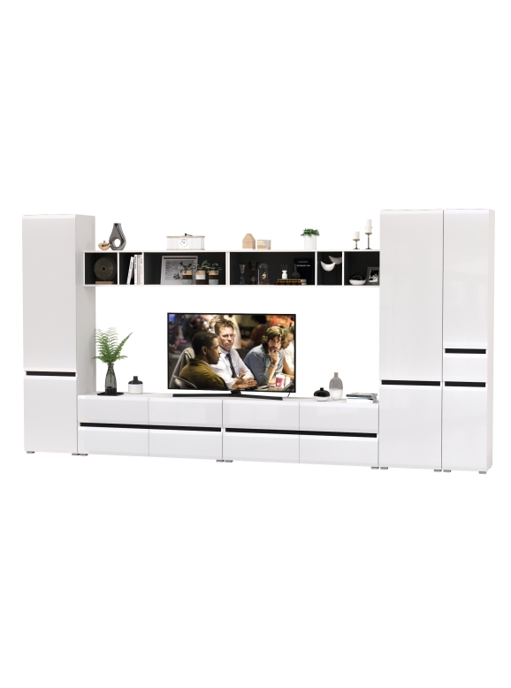 Сидней Комплектация № 084, цвет корпус: белый/чёрный/фасады: МДФ белый глянец, ШхГхВ 395х41,3х205,2 см., универсальная сборка