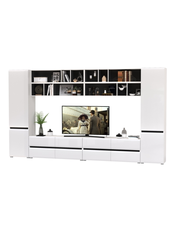 Сидней Комплектация № 094, цвет корпус: белый/чёрный/фасады: МДФ белый глянец, ШхГхВ 360х41,3х205,2 см., универсальная сборка