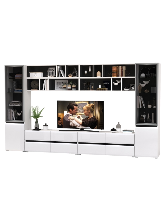 Сидней Комплектация № 095, цвет корпус: белый/чёрный/фасады: МДФ белый глянец, ШхГхВ 360х41,3х205,2 см., универсальная сборка