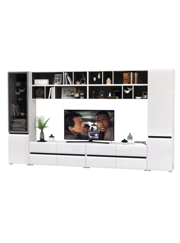 Сидней Комплектация № 096, цвет корпус: белый/чёрный/фасады: МДФ белый глянец, ШхГхВ 360х41,3х205,2 см., универсальная сборка