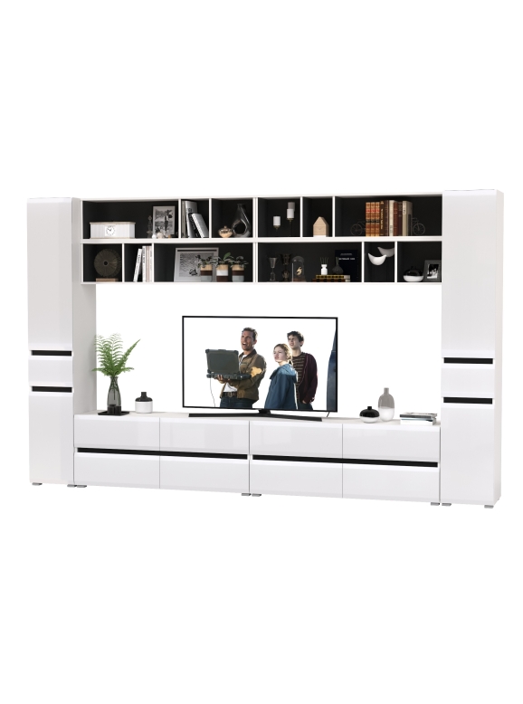 Сидней Комплектация № 097, цвет корпус: белый/чёрный/фасады: МДФ белый глянец, ШхГхВ 330х41,3х205,2 см., универсальная сборка