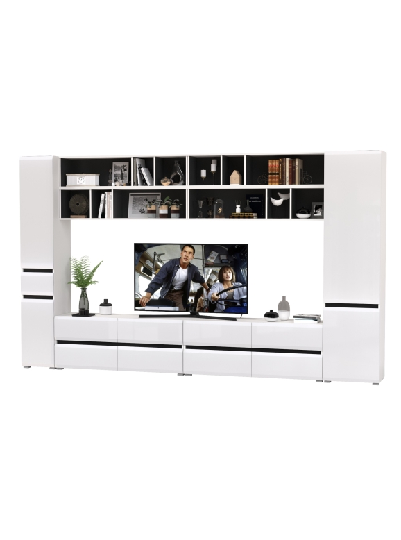 Сидней Комплектация № 098, цвет корпус: белый/чёрный/фасады: МДФ белый глянец, ШхГхВ 345х41,3х205,2 см., универсальная сборка